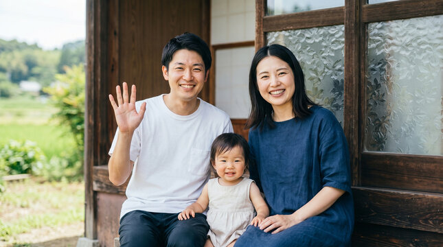 地方移住して田舎暮らしを楽しむ家族 古民家の縁側