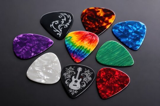 Assortment of colorful guitar picks scattered on a dark surface