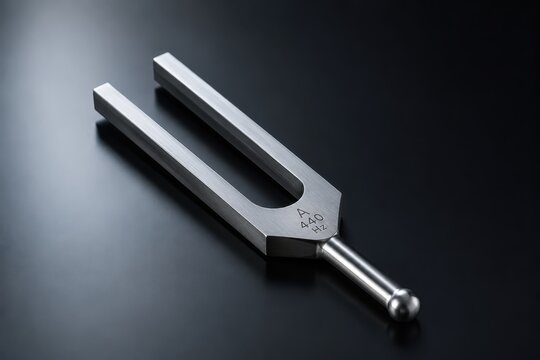 Tuning fork on a dark reflective surface, symbolizing sound and science