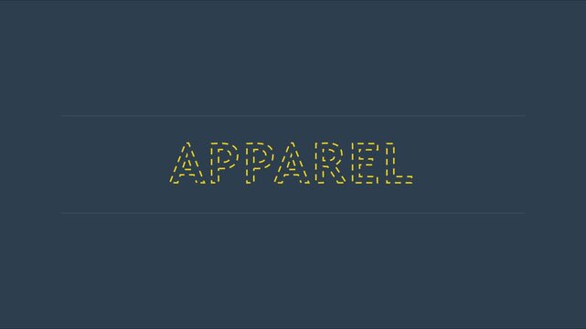 Apparel text animation with minimalist yellow dashed line typography on dark blue 4k background, for fashion retail, and branding projects