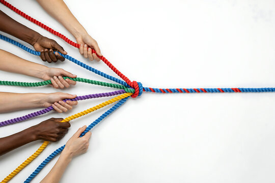 Diverse group of people holding different colored ropes joining together at one central point with diversity teamwork collaboration connection together cooperation community inclusion strength