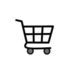Simple shopping cart icon illustration with bold black outline and gray wheels, isolated on a white background, representing online shopping, retail, grocery purchases, and ecommerce. © Ima