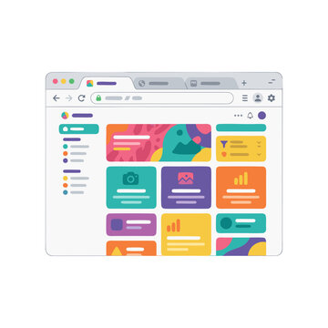 Modern web browser window template with colorful dashboard interface vector illustration. Detailed internet browser UI mockup featuring multiple tabs, navigation address bar, sidebar menu, and grid co