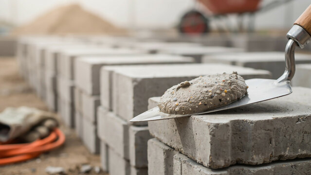Construction trowel with wet cement sitting on concrete blocks