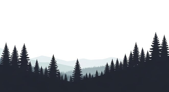 Minimalist silhouette of a dense pine forest against misty blue mountains and a vast white sky.