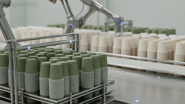 Automated robotic arm packing eco friendly paper cups on factory conveyor line