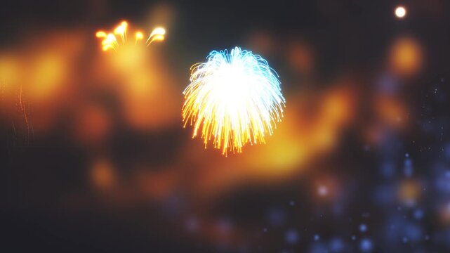 3D Render A dark night sky with soft, glowing fireworks trails and a low-angle shot of the initial burst of golden light