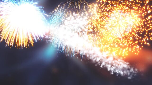 3D Render A dynamic display of fireworks bursting against a dark, deep night sky. The initial burst of light is a brilliant explosion of color with a powerful white center and surrounding golden and