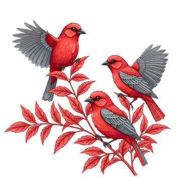 Three red cardinal birds perched on autumn leaves