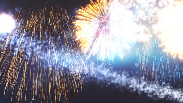 3D Render A dynamic night sky illuminated by colorful fireworks exploding into brilliant, radiant colors.