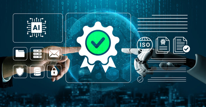 A visual representation of collaboration between human and robot hands pointing at a certification emblem, showcasing themes of technology, innovation, and quality assurance in a digital age. Cyphers