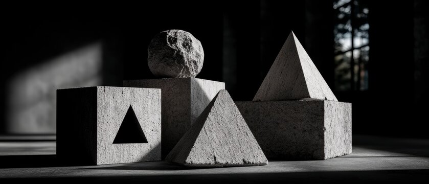 Abstract geometric stone shapes with dramatic lighting in a dark minimalist composition.