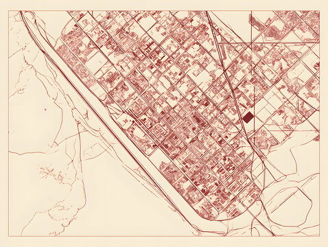 Brownsville, Texas city map &ndash; burgundy line work on cream background
