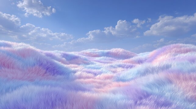 Abstract surreal landscape with soft pastel hills and fluffy clouds in a dreamy blue sky