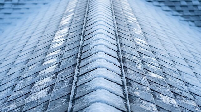 A close-up view of an asphalt shingle roof with ridge cap covered in a light layer of winter snow on a residential house during a cold climate season
