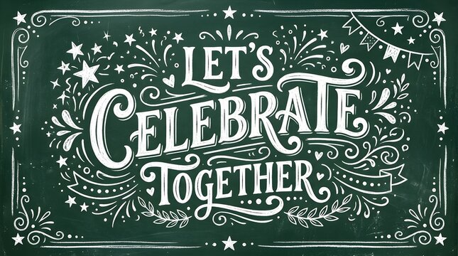 Lets celebrate together chalkboard lettering design hand drawn festive chalk typography on green background with stars, confetti, and decorative flourishes for party invitation or greeting card