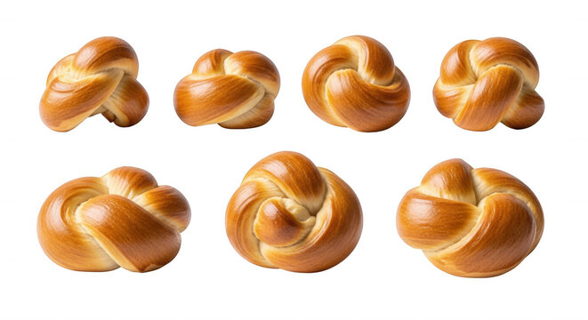 assortment of fresh golden baked sweet knotted bread rolls isolated on a white background suggesting culinary delights for breakfast or bakery menu