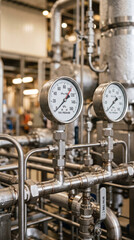 Fototapeta premium Industrial stainless steel piping system with pressure gauges in refinery