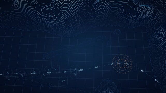 Strait of Hormuz Maritime Monitoring Graphic, Qeshm Island Sea Traffic Visualization, Nautical Mapping Animation, Seamless Loop, Digital Navigation, Ocean Transit Data, Geographic Information System