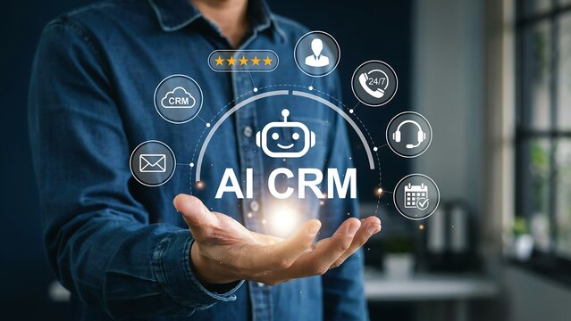 Man holding AI CRM customer relationship management icons and chatbot interface in hand during business meeting