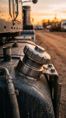 Fototapeta premium Fuel tank cap on heavy truck vehicle at sunset close up