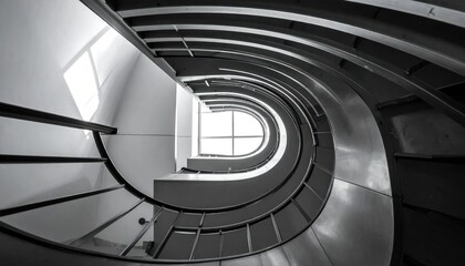 Fototapeta premium Black and white spiral staircase view from below.