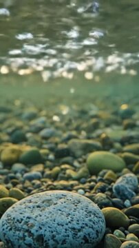Clear river water flowing over smooth colorful stones during sunset