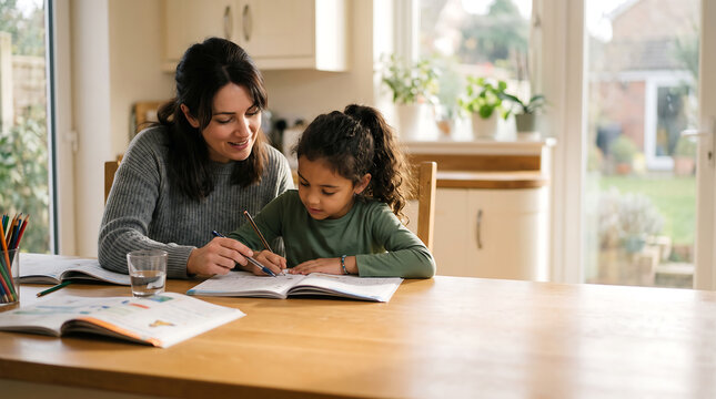 Loving Mother Helping Young Daughter with School Homework and Writing at Wooden Table in Bright Kitchen