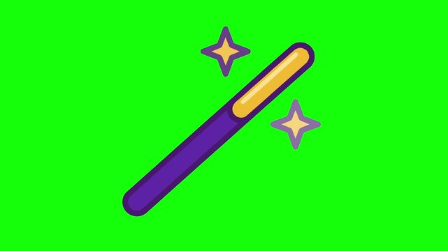 Animated magic wand icon with sparkling stars on a green screen chroma key background