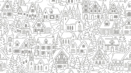 Fototapeta premium Cozy Village Scene Line Art