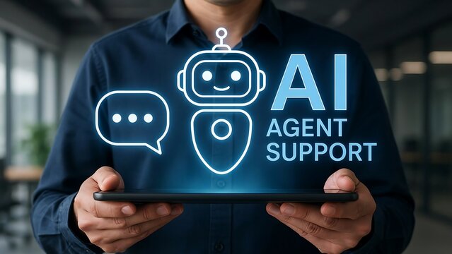 Man holding tablet with AI agent support graphic for business customer service technology