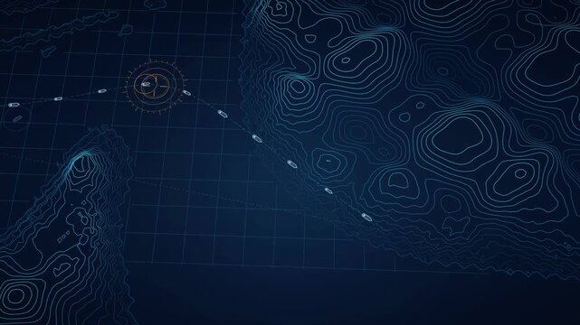 Strait of Hormuz Maritime Navigation Visualization, Geospatial Data Mapping, Ocean Current Flow Animation, Seamless Loop, Topographic Contours, Maritime Traffic Monitoring, Geographic Information