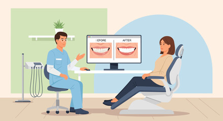Fototapeta premium Dentist Showing Teeth Before After Results on Monitor to Patient