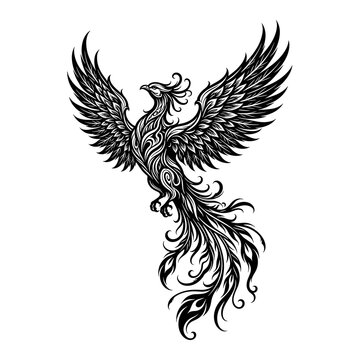 phoenix bird vector illustration mythology black and white intricate firebird with spread wings and long feather tail for mascot crest tattoo print shirt logo graphic design element