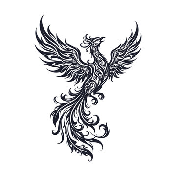 phoenix bird vector tattoo crest black and white intricate firebird illustration with spread wings and ornamental feather tail for tshirt print emblem logo graphic design artwork