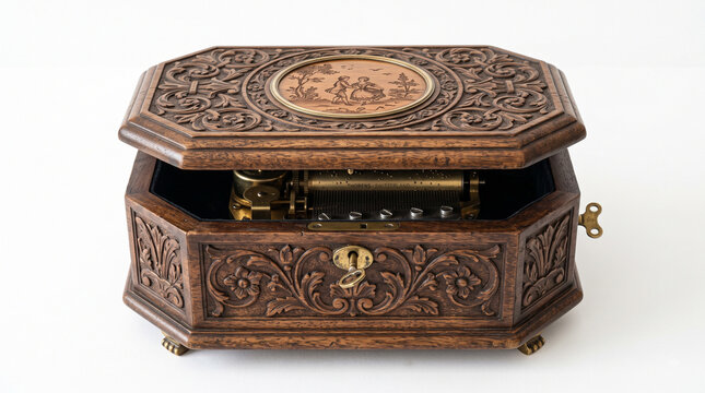 Antique carved wooden music box with open lid displaying mechanical movement inside