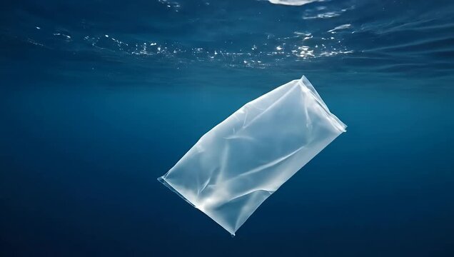 Plastic bag floating in deep blue ocean water.