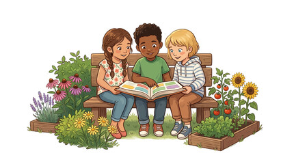 Diverse children reading book on garden bench
