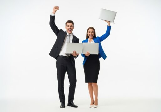 Excited business colleagues holding laptops isolated on white background