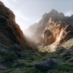 Fototapeta premium Dramatic rocky mountain canyon landscape with golden sunlight and atmospheric morning mist