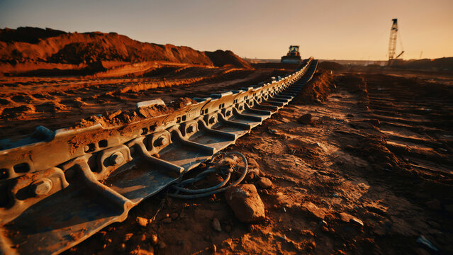 Heavy metal crawler track segment abandoned along dusty construction site under golden hour sunset skies with surface remote construction captures close