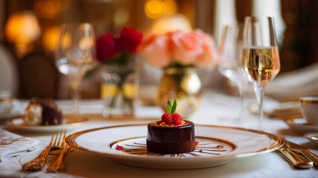 Gourmet chocolate dessert serving on elegant plate in luxury hotel restaurant, celebrating special occasion and fine dining experience