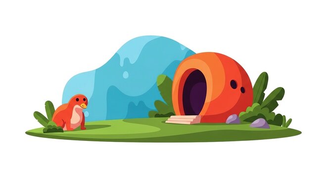 Cute cartoon aardvark or anteater near its burrow on a grassy hill with a blue abstract background. Adorable animal illustration.