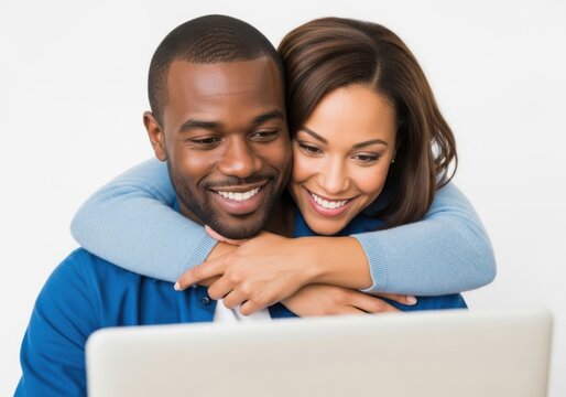 Happy couple looking at laptop screen isolated on white background