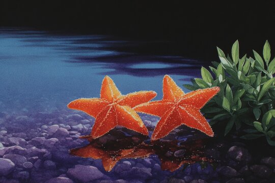 Two orange starfish on a dark rocky shore by the water at night