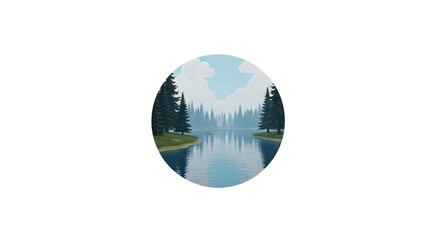 Tranquil pine forest reflected in a calm lake under a cloudy sky, serene natural landscape illustration © Cika