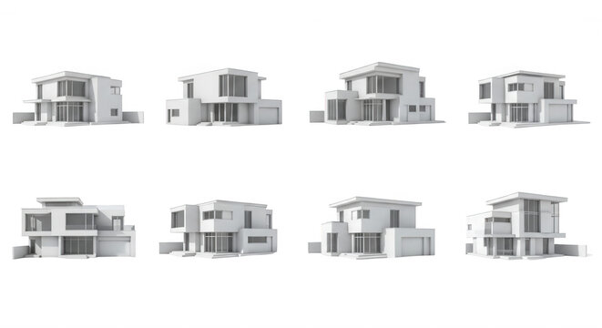 collection of modern minimalist house models in various angles on a white background architecture and real estate presentations
