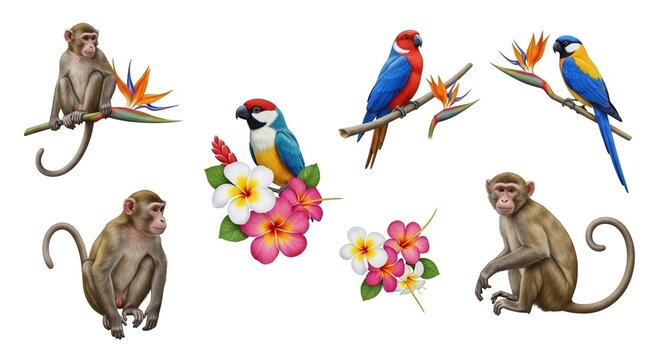 Tropical Collage: Monkeys, Parrots, and Exotic Flowers on a White Background