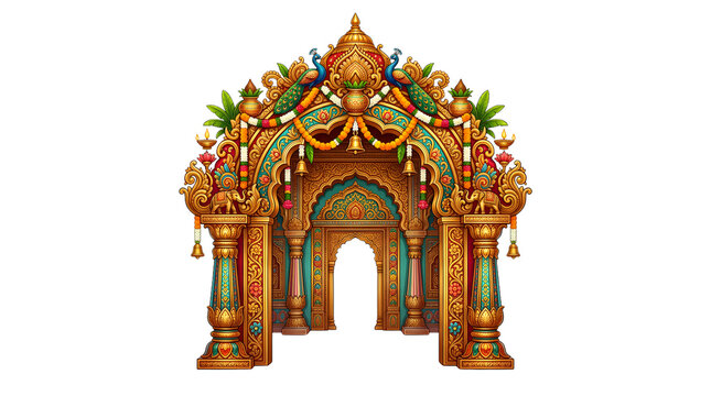 Golden Indian temple arch with intricate traditional carvings