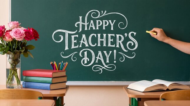 A hand writing happy teacher's day message on a green chalkboard with flowers and books in a classroom setting